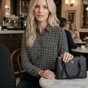 BCBGMAXAZRIA Geometric Print Button-Down Blouse. S